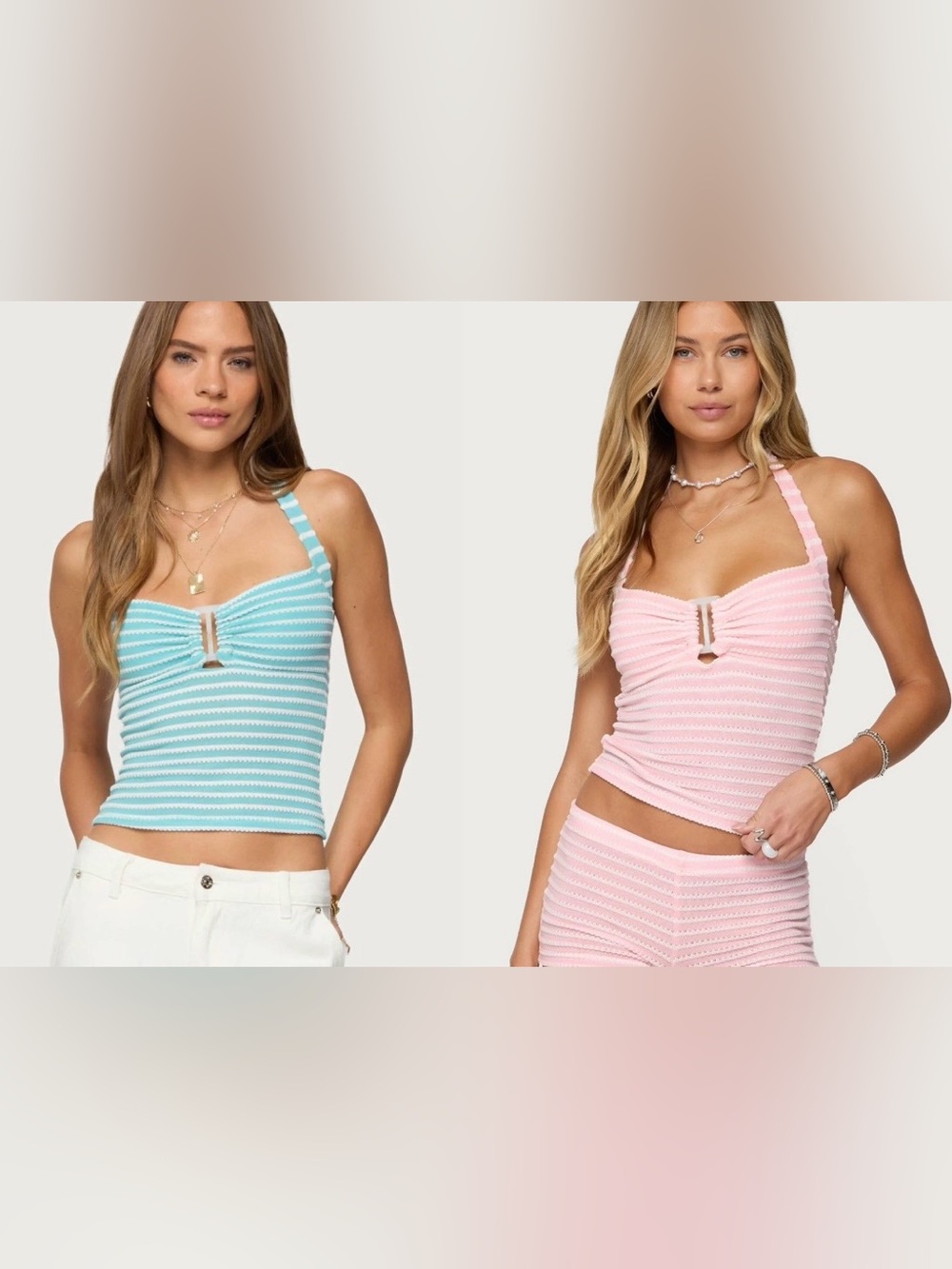 NWT EDIKTED Women’s Pink & Turquoise Lovina Textured Stripe Halter Top Set - S